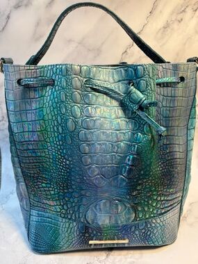 Brahmin Iridescent Teal Croc-Embossed Bucket Bag